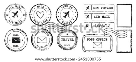 Collection of Vintage Postal Stamps and Postmarks featuring Airplanes, Hearts, and text, in black ink. Retro grunge Scrapbook elements