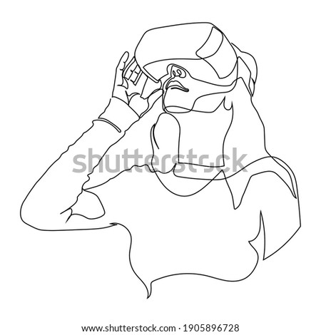 One line drawing of a girl feeling exited using Virtual Reality glasses and VR