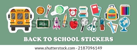 Set of school supplies or back to school and education stickers isolated on green chalkboard. Good for prints, cards and invitations decor, paper crafts, scrapbooking, stationary and products 