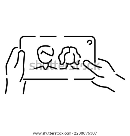 Selfie vector line icon. Take a selfie photo. cell phone front camera and selfie stick. Smartphone device symbol illustration