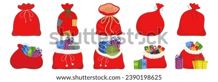 Red sack with Christmas gifts cartoon Santa bags filled with gift boxes on blank background vector illustration Happy New Year