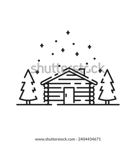 Log Cabin Vector Line Icon. Winter wooden house and camping