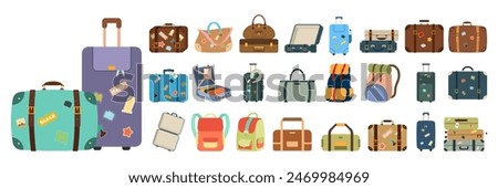 Summer travel vacation Icons luggage. Flat style. Suitcases and backpacks. Vector illustration