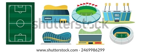 Soccer or football game stadium championship fan set. Team t-shirt, scarf, whistle, ball, goal, tournament cup, foam hand, trumpet, hat. Competition match attributes flat vector illustration