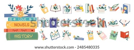 Books with flowers flat icon set. Cartoon floral decorations. Wildflowers decor for literature. Poppy, sunflower, forget-me-not, cornflower bouquet on poetry book. Color isolated illustrations