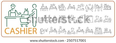 Cashier and Cash register line icon set design. Payment service machine sign and symbol