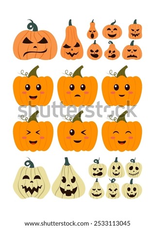 Various pumpkins with expressive faces. Autumn, Thanksgiving, Harvesting. Flat illustration set