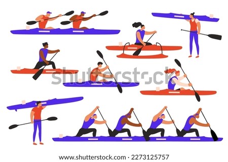 Canoe sprint characters set. Atheletes paddling racing canoe C1, C4, kayak K1 K2,  paracanoe va'a boat . Vector flat illustration. EPS10