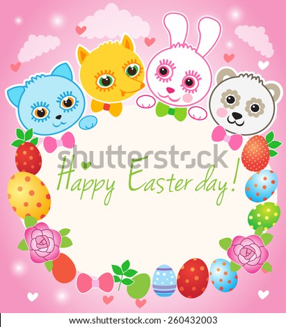 Happy easter Greeting card.  Little animals, cat , fox , rabbit , bear.  Fairy cartoon vector illustration, on a pink background.