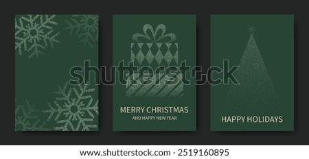 Merry Christmas and Happy New Year, luxury brochure covers, cards, greetings, poster, holiday vector illustration set. Snowflakes, Christmas tree, gifts on green background.