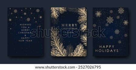 Merry Christmas and Happy New Year greeting card. Golden luxury background with snowflakes on blue background. Vector illustration