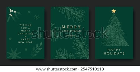 Merry Christmas and Happy New Year. Set of greeting cards, posters, flyers, brochure design. Christmas tree, snowflakes and stars, mistletoe on green background. Vector illustration.