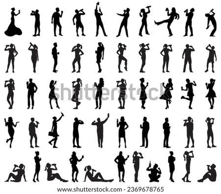 a collection of silhouette illustrations of men and women drinking while standing while carrying bottles of coffee and wine