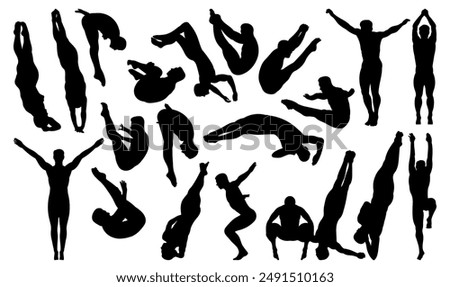 Set of male diving board diving silhouette vector illustrations