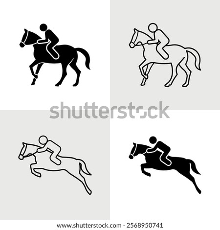 Black and White Horse Riding Icon Set. Filled and Outlined Vector Styles