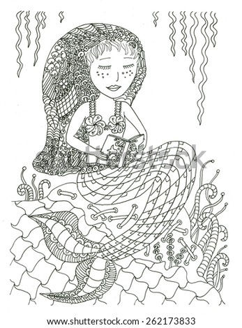 Mermaid reading the book coloring page