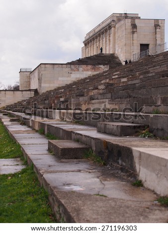 Nuremberg, Germany - 2015, April 2: The defunct main tribune of the former Nazi Party rally grounds called Zeppelin field.