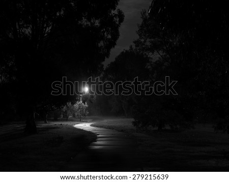 Creepy dark bike path lit by street light in the Melbourne suburb of Glen Waverley, Australia