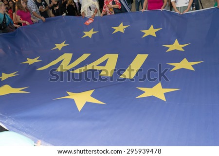 Athens, Greece, 30 June 2015. Greek people demonstrated against the government about the upcoming referendum. People in the demonstration are in favor of voting â??yesâ?� in the referendum.