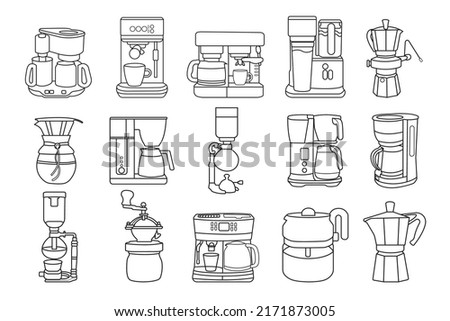 Coffee machine and coffee grinder icon for cafe. Doodle. Sketch of electric and non-electrical machines. Flat illustration.