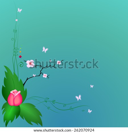 flower rose on the green foliage of trees cherry and green vine, butterfly flowers