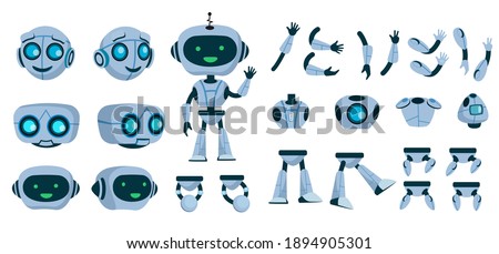 Futuristic robot constructor flat icon set. Cartoon android character design isolated vector illustration collection. Electronic equipment and humanoid animation concept