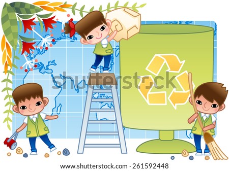 Good Children - throw refuse into big litter bin and sweep with a broomstick the street and pick up trash on bright blue and white background with leaves and floral patterns : vector illustration