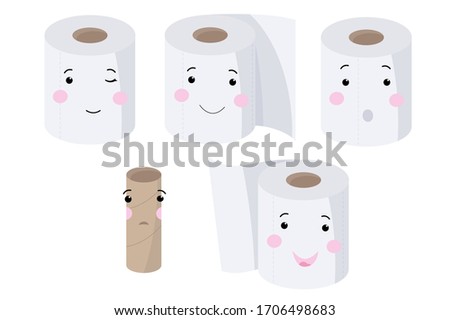 Rolls of toilet paper and sleeve. Set, collection of cartoon toilet paper rolls with emotions. Happy smiling character, sad, winking. Vector flat style illustration.