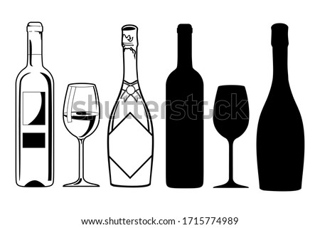 Black silhouette of a wine bottle and sparkling wine and a glass. Linear drawing for a bar or cafe or restaurant. Logo symbol, fault card icon