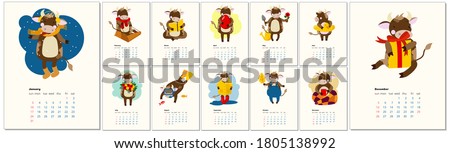 2021 calendar design with bull with hobbies in different seasons of the year. Calendar design concept with kawaii cartoon bull, cute bull or cow, new year symbol. Set of 12 months 2021 pages. 