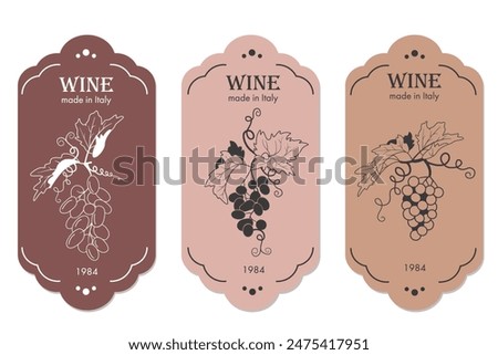 set of wine label designs minimalistic and modern design in powdery shades. Image of grape bunches