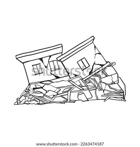 The residential building began to collapse and fall. Structures fly in different directions.  Vector illustration. The crack on the building was formed due to the tremors