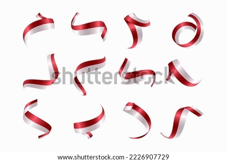 Set of big collection of red and white luxury ribbons of Indonesian flag