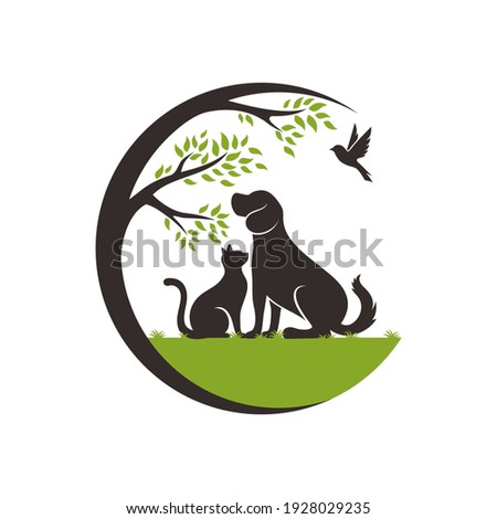 Vector Pet Shop logo design template. Modern animal icon label for store, veterinary clinic, hospital, shelter, business services. Flat illustration background with dog and cat.