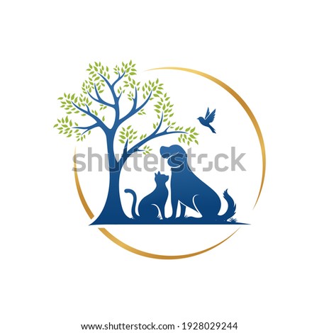 Vector Pet Shop logo design template. Modern animal icon label for store, veterinary clinic, hospital, shelter, business services. Flat illustration background with dog and cat.