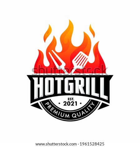 vintage grilled barbecue logo, retro BBQ vector, fire grill food and restaurant icon, Red fire icon
