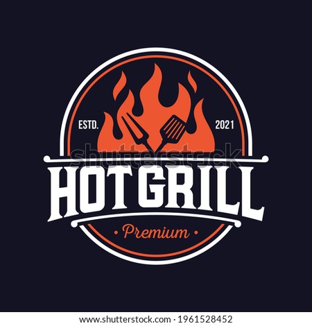 vintage grilled barbecue logo, retro BBQ vector, fire grill food and restaurant icon, Red fire icon
