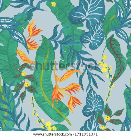 Guache painting seamless pattern with abstract tropical flowers, leaves Foto stock © 
