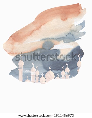 Watercolor painting abstract background with mosque silhouette. Greeting card with Ramadan. 