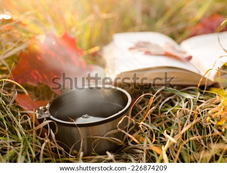 Vacuum flask and book on autumn background