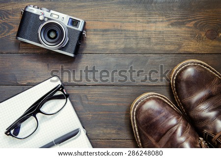set of cool stuff on wooden background
