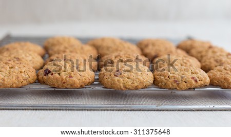 Stack of warm cranberry oatmeal cookies on cooling rack