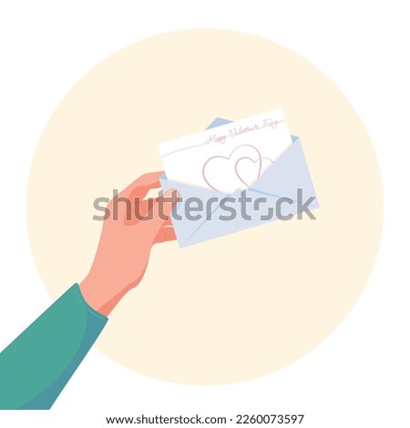 Valentine's Day illustration. The hand holds a letter with a valentine. Declaration of love in writing. Vector illustration, flat image, top view
