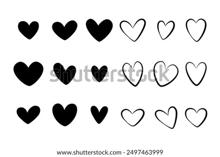 Set of black hearts, stylized hearts of different shapes on a white background. Hearts for Valentine's Day. Vector illustration. Love romance and wedding symbols