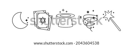 Set of Magic Art symbol outline. Vector of Magician equipment Icon with illustration on white background
