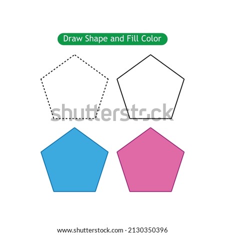 Draw pentagon shape using dotted line and color filling for kids coloring page. Vector illustration of pentagon shape for preschool, kindergarten, elementary school to learn shape.