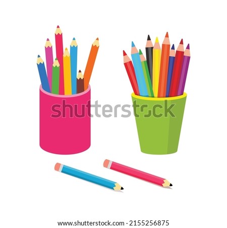 Group of color pencils in vector illustration on white background. Flat style of color pencils with container box in cartoon using kids coloring page.