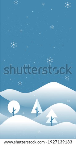 Winter landscape illustration in flat style with design snow and tree in noon view. Aesthetic winter season background. Banner template for mobile phone screen saver theme, lock screen and wallpaper. 