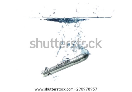 smart phone in water and splash on white background.