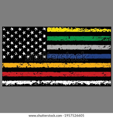 COLORED FIRST RESPONDERS AMERICAN FLAG THIN LINE  VECTOR T-SHIRT DESIGN